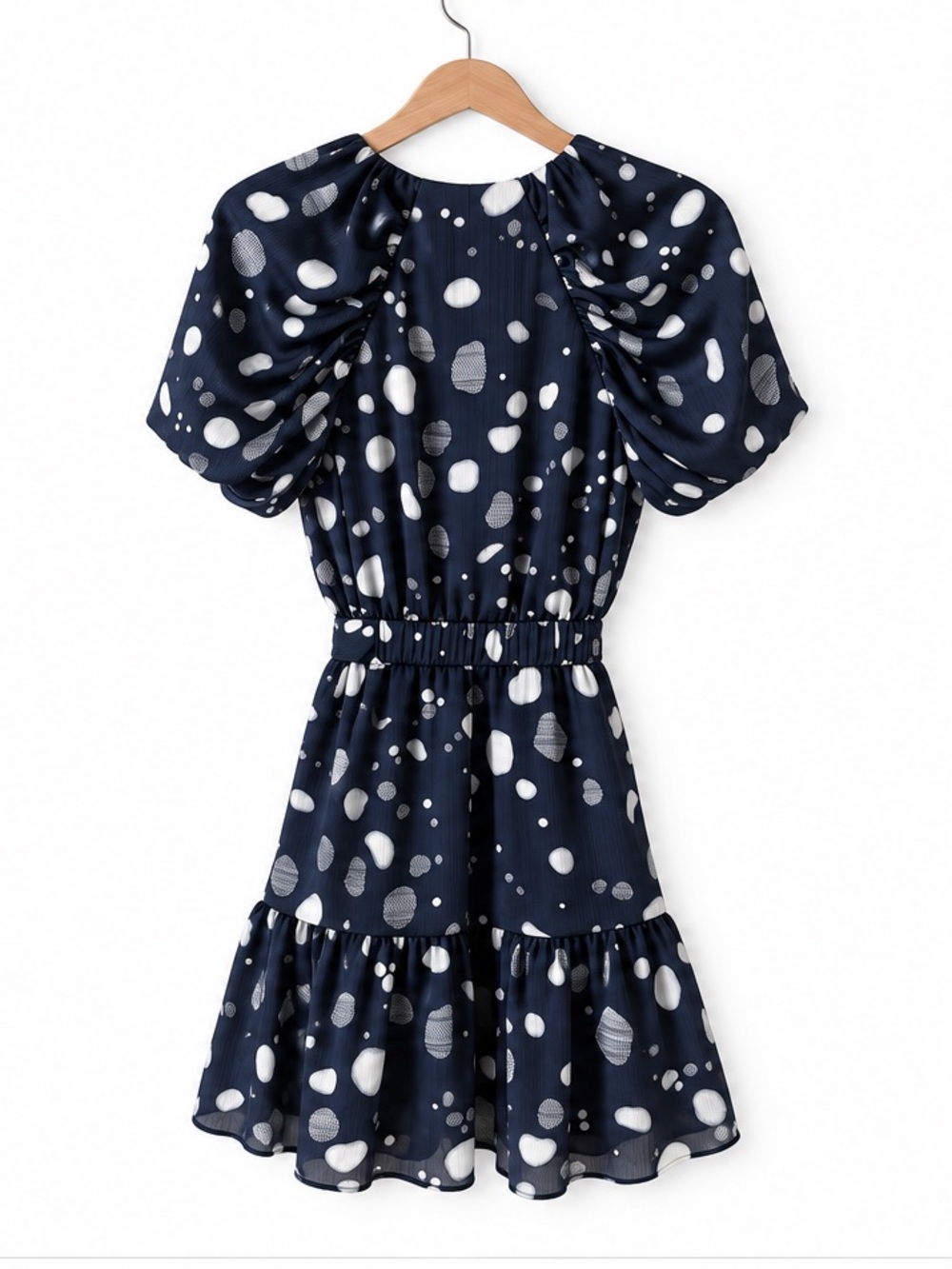 Ted Baker Navy Blue Ivory Polka Dot Wrap Belted Puff Sleeve Ruffle Hem Mini US 4 - Picture 5 of 9